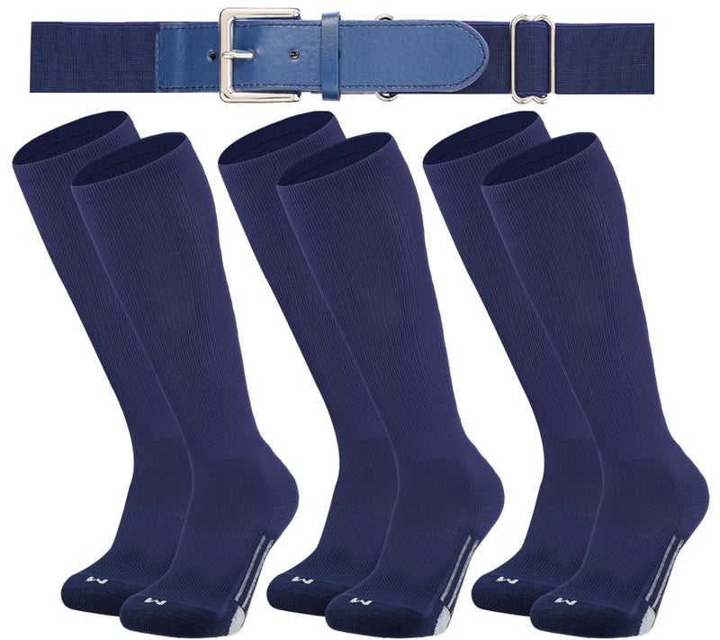 Londkaron Youth Elite Baseball/Softball Socks & Belt Combo (3 Pairs of Socks with 1 Belt) (Medium, Navy) - Image 1