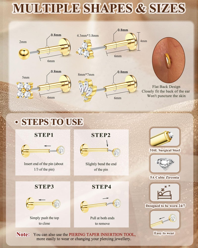 Fansilver 14K Gold Plated Threadless Flat Back Earrings for Women Men 316L Surgical Steel Push in Nose Piercings Lip Rings CZ Nostril Helix Conch Medusa Tragus Piercing Jewelry 20G 6mm Gold - Image 2