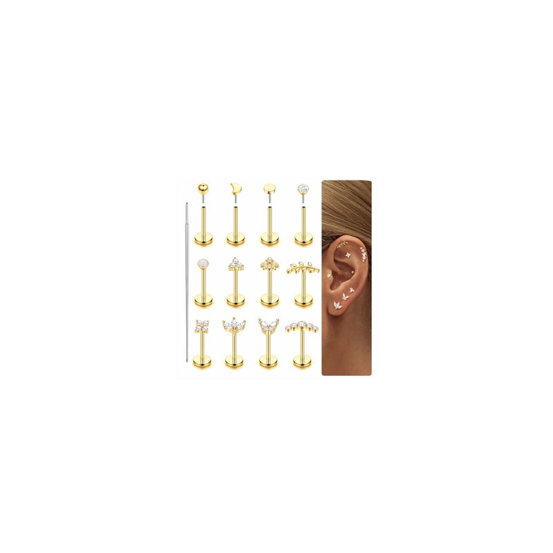 Fansilver 14K Gold Plated Threadless Flat Back Earrings for Women Men 316L Surgical Steel Push in Nose Piercings Lip Rings CZ Nostril Helix Conch Medusa Tragus Piercing Jewelry 20G 6mm Gold - Image 1