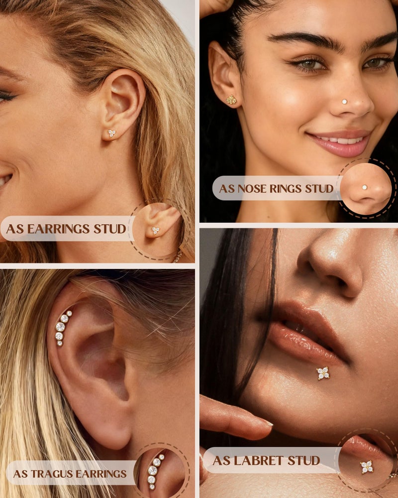 Fansilver 14K Gold Plated Threadless Flat Back Earrings for Women Men 316L Surgical Steel Push in Nose Piercings Lip Rings CZ Nostril Helix Conch Medusa Tragus Piercing Jewelry 20G 6mm Gold - Image 5
