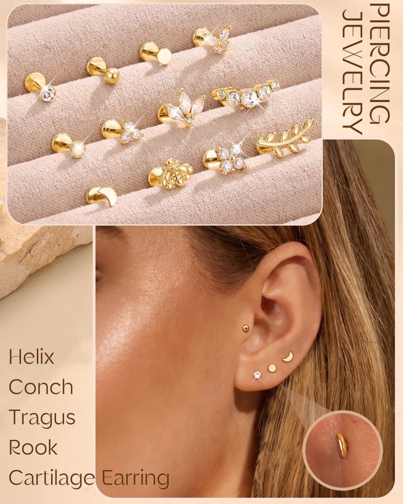 Fansilver 14K Gold Plated Threadless Flat Back Earrings for Women Men 316L Surgical Steel Push in Nose Piercings Lip Rings CZ Nostril Helix Conch Medusa Tragus Piercing Jewelry 20G 6mm Gold - Image 4