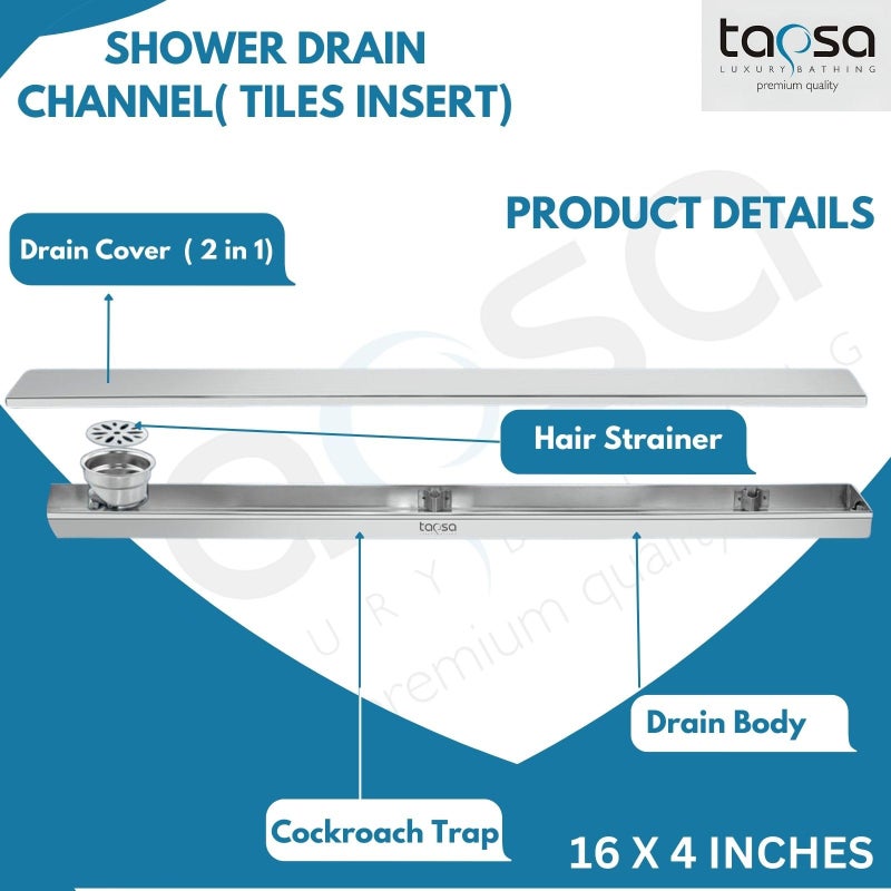TAPSA LUXURY BATHING تصريف أرضية بلاط تابس 16x4 بوصة من الفولاذ المقاوم للصدأ 304 مع فتحة جانبية وفخ للصراصير - Image 4