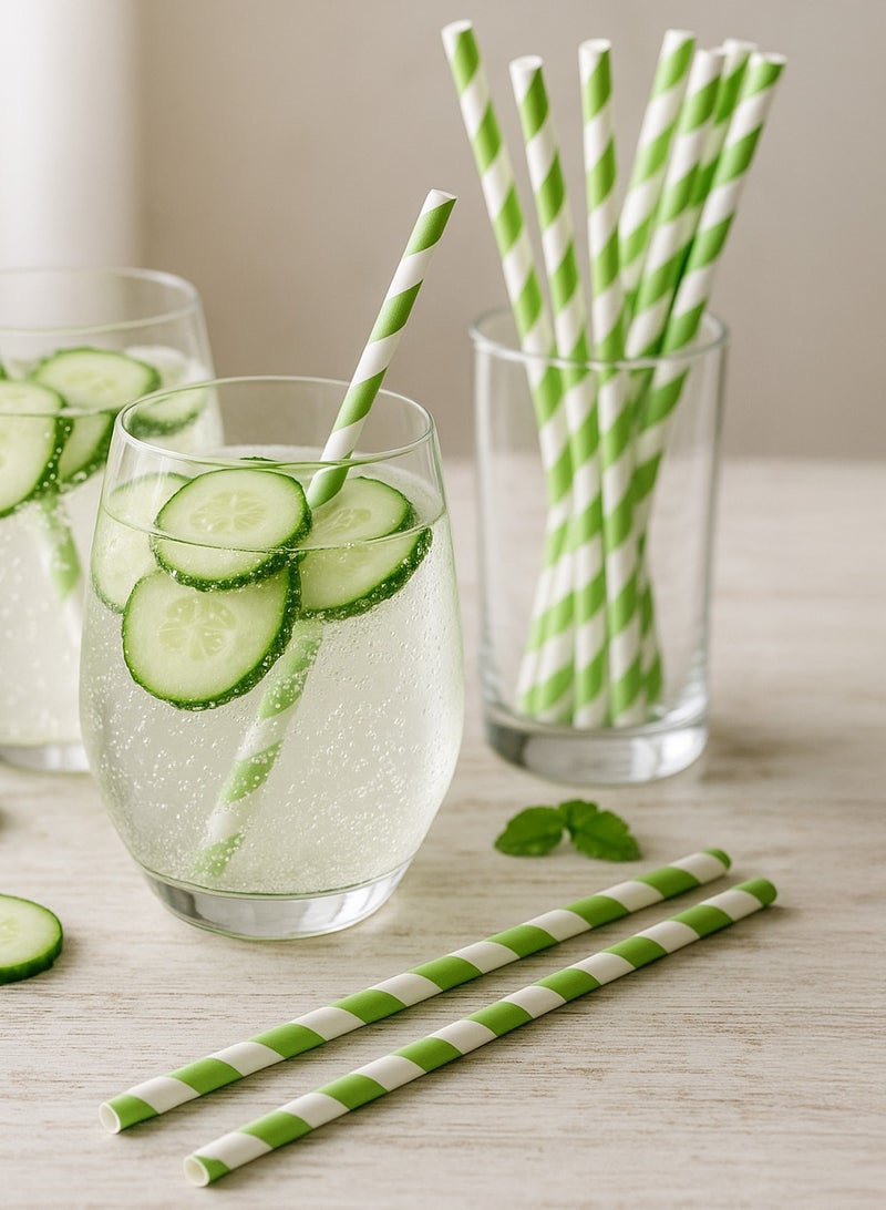 BarPros Eco-Friendly Green & White Striped Biodegradable Paper Straws (8mm x 197mm) – Pack of 250 - Image 1