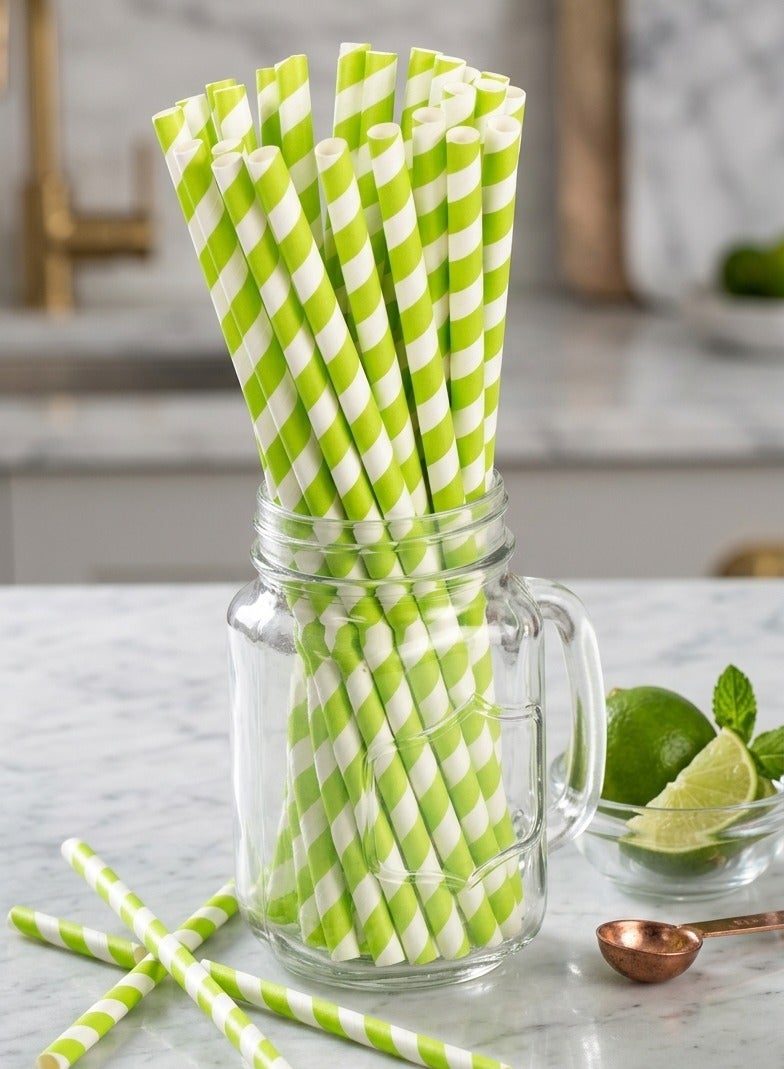 BarPros Eco-Friendly Green & White Striped Biodegradable Paper Straws (8mm x 197mm) – Pack of 250 - Image 3