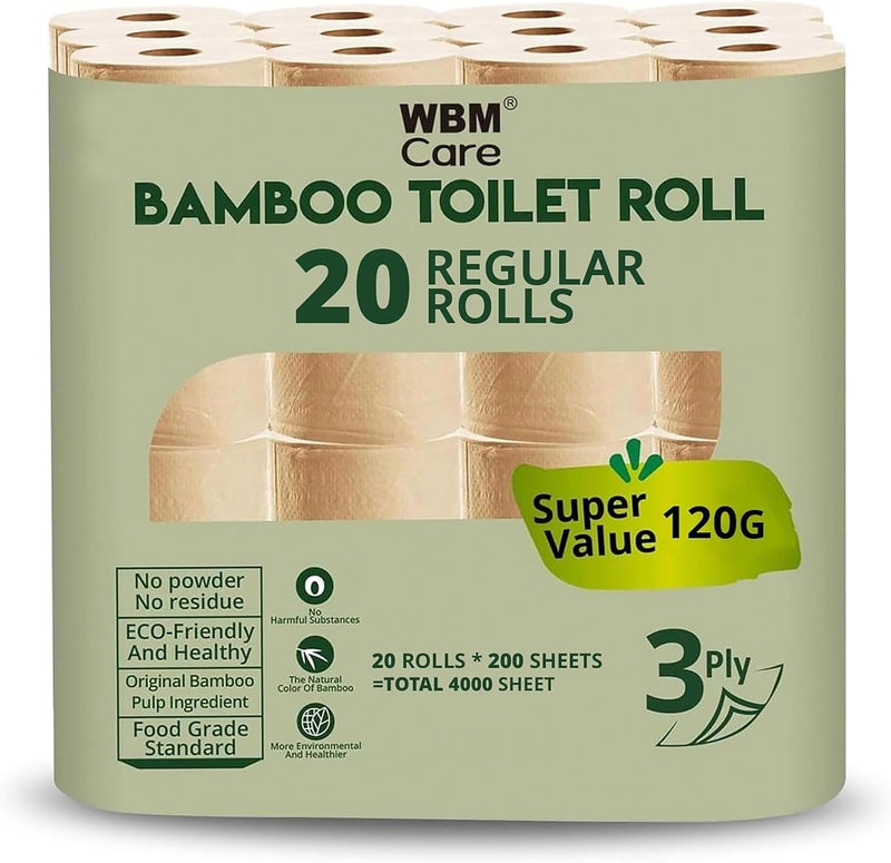 WBM Care Bamboo Paper Towels Strong  Flexible 3Ply Designed for Sensitive Skin TreeFree AllNatural  Healthy Bath Toilet Tissues 200 Sheets 20 Rolls - Image 1