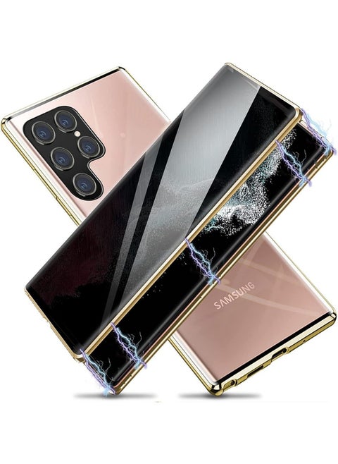 Phone Case Compatible with Galaxy S22 Ultra Magnetic Thin Metal Frame Double Sided Clear Tempered Glass Shockproof Camera Whole Body Protection Gold