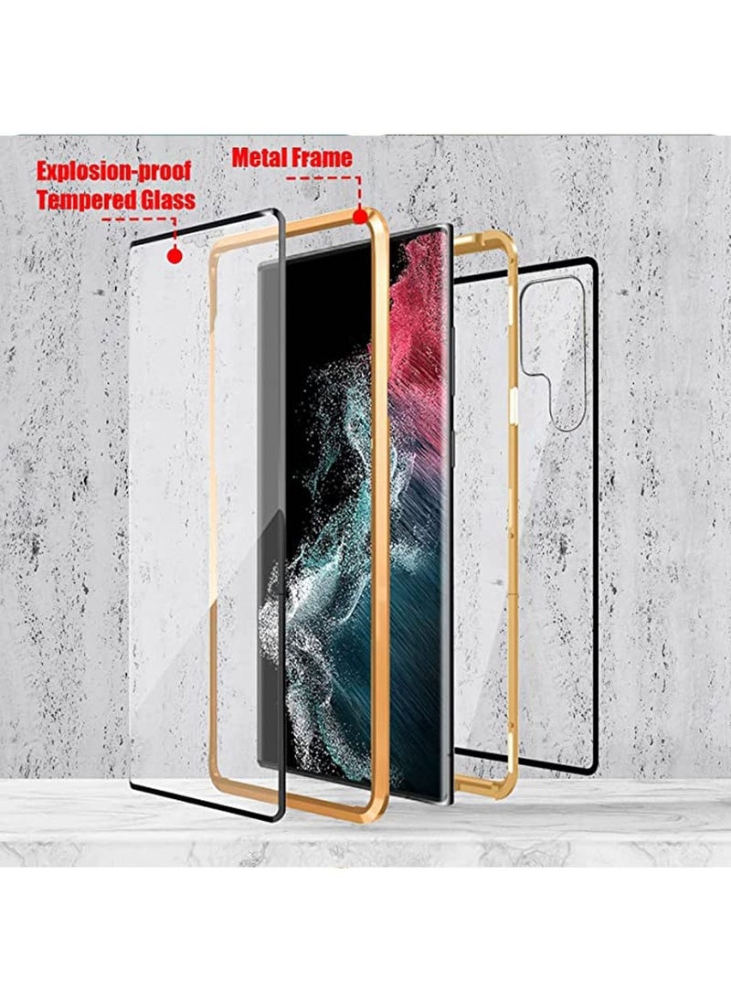 Generic - Phone Case Compatible with Galaxy S22 Ultra Magnetic Thin Metal Frame Double Sided Clear Tempered Glass Shockproof Camera Whole Body Protection Gold - Image 1