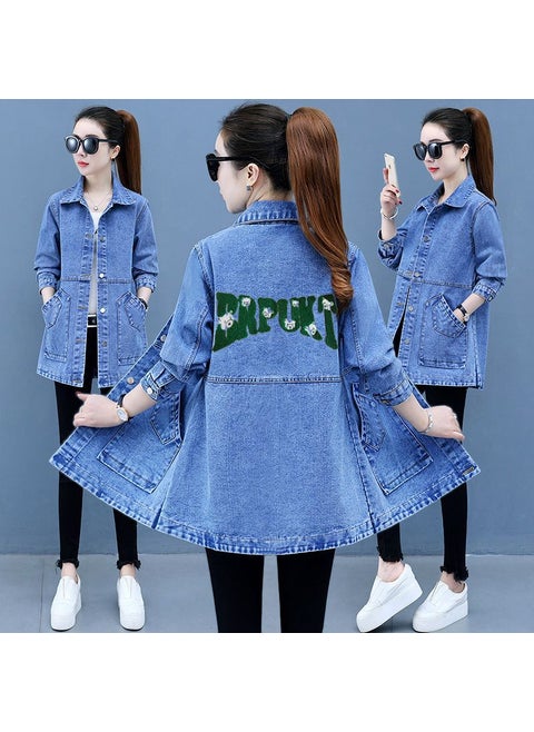 2023 Mid-Length Denim Trench Coat Womens Jacket 9313# wool needle embroidery long [blue]]