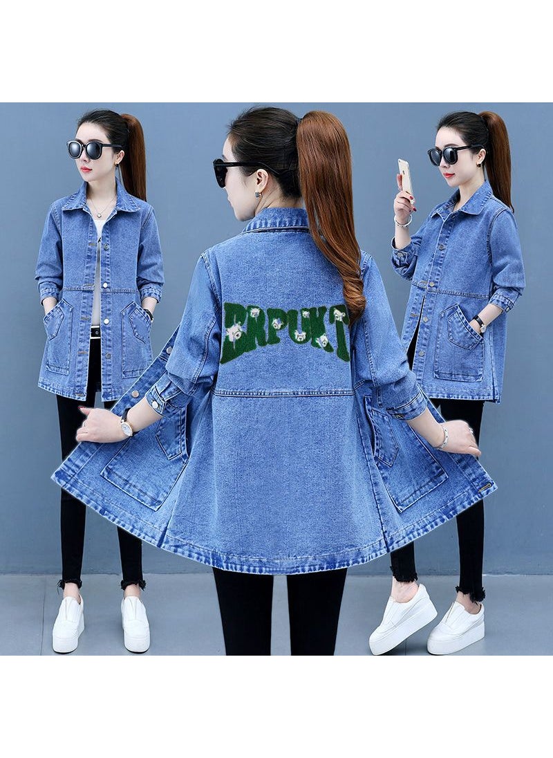 Generic - 2023 Mid-Length Denim Trench Coat Womens Jacket 9313# wool needle embroidery long [blue]] - Image 1