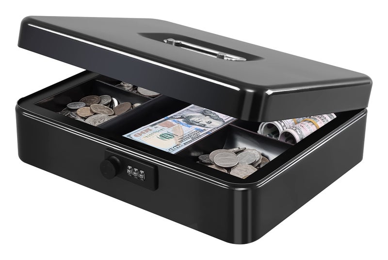 KYODOLED Metal Cash Box with Combination Lock Money Box for Cash Safe Metal Box with Money Tray for Security Lock Box 11.81"x 9.45"x 3.54" Black X Large - Image 1
