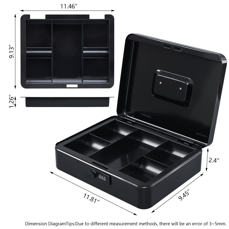 KYODOLED Metal Cash Box with Combination Lock Money Box for Cash Safe Metal Box with Money Tray for Security Lock Box 11.81"x 9.45"x 3.54" Black X Large - Image 4