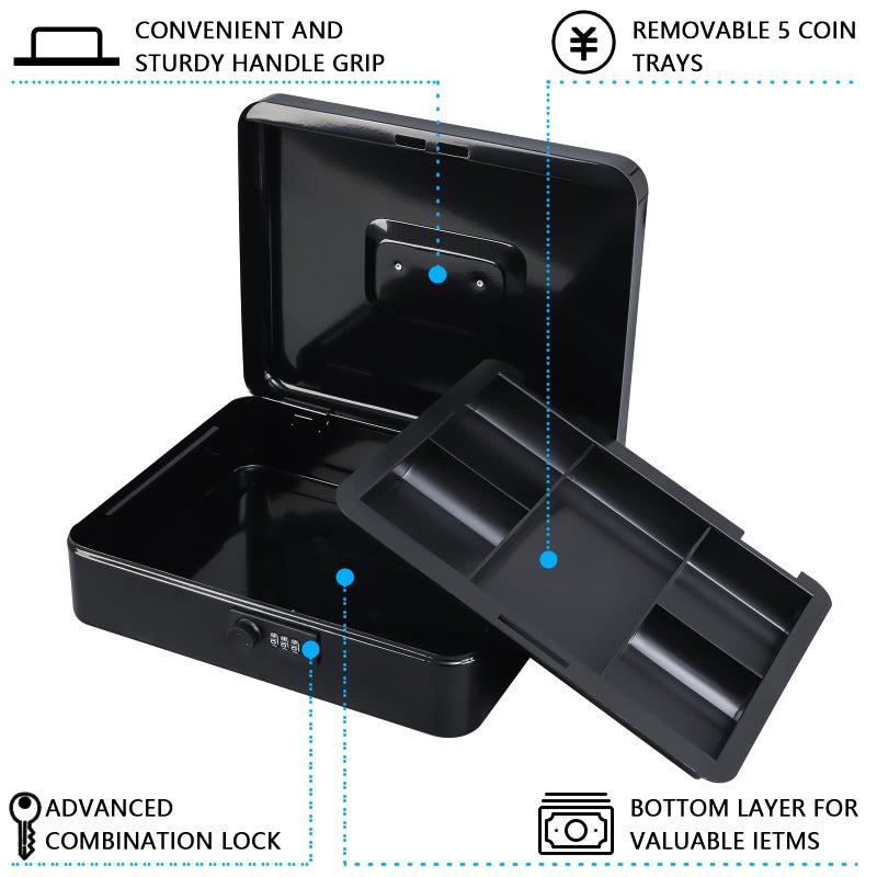 KYODOLED Metal Cash Box with Combination Lock Money Box for Cash Safe Metal Box with Money Tray for Security Lock Box 11.81"x 9.45"x 3.54" Black X Large - Image 3