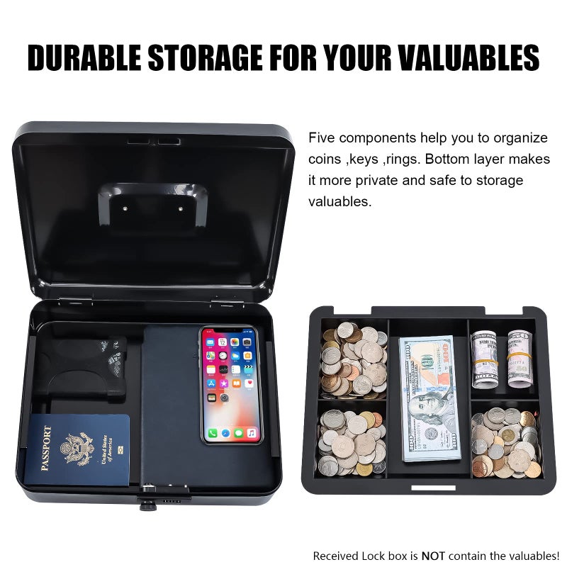 KYODOLED Metal Cash Box with Combination Lock Money Box for Cash Safe Metal Box with Money Tray for Security Lock Box 11.81"x 9.45"x 3.54" Black X Large - Image 5