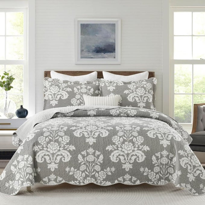 KING SIZE QUILT 100 COTTON GREY QUILT SET FARMHOUSE PAISLEY FLORAL BEDSPREAD KING LIGHTWEIGHT REVERSIBLE KING QUILT BEDDING SET FOR ALL SEASONGRAY GREY WHITE 3PIECE