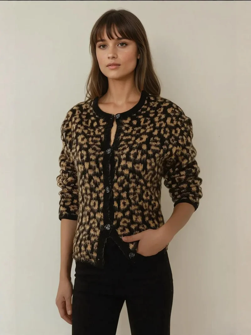 HICCUP Relaxed Fit Leopard Print Knitted Cardigan