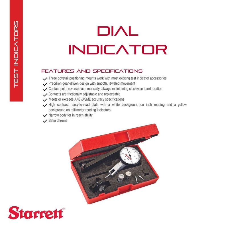 Starrett Dial Test Indicator with Dovetail Mount Two Dovetail Clamps Swivel Post Holder and Case  1916 White Diameter 030 Range 0150 Dial Reading 0005 Graduation  3909AC - Image 2
