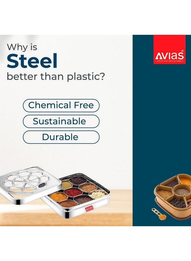 AVIAS Flora 9 Square Stainless Steel Spice Box/Organiser with 9 compartments/Masala Dani/See-Through Lid/Masala Box for Kitchen Steel/Break-Resistant Acrylic Sheet/Steel Masala Dabba/Medium,Silver - Image 3