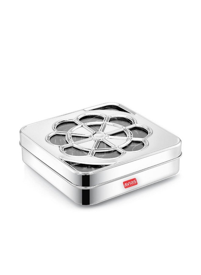 AVIAS Flora 9 Square Stainless Steel Spice Box/Organiser with 9 compartments/Masala Dani/See-Through Lid/Masala Box for Kitchen Steel/Break-Resistant Acrylic Sheet/Steel Masala Dabba/Medium,Silver - Image 1