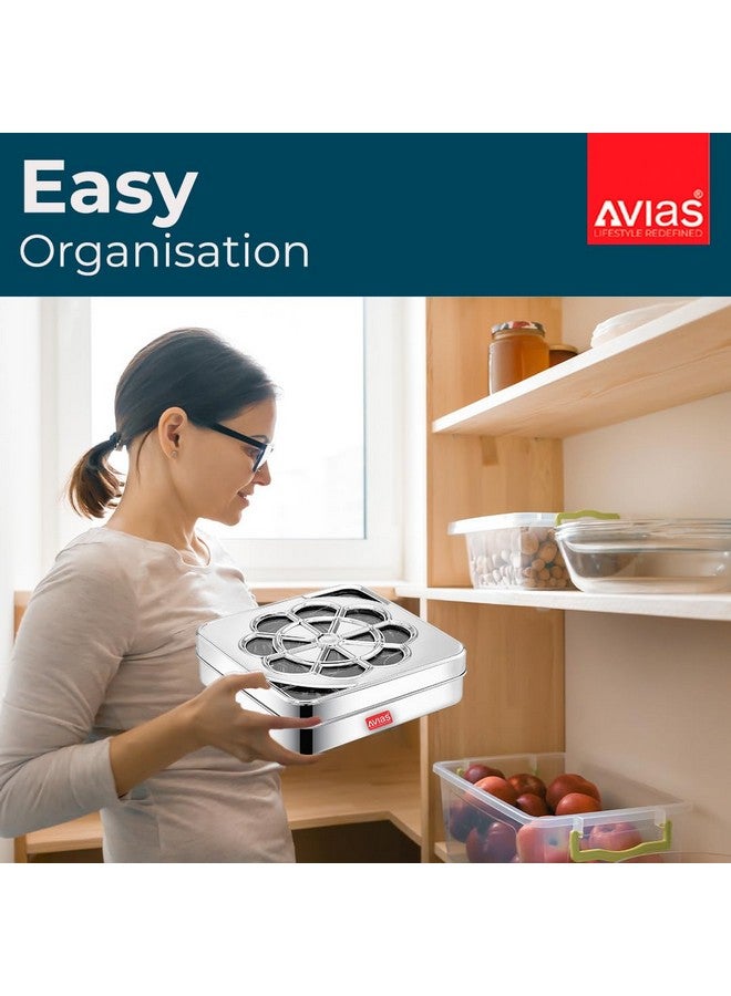 AVIAS Flora 9 Square Stainless Steel Spice Box/Organiser with 9 compartments/Masala Dani/See-Through Lid/Masala Box for Kitchen Steel/Break-Resistant Acrylic Sheet/Steel Masala Dabba/Medium,Silver - Image 5