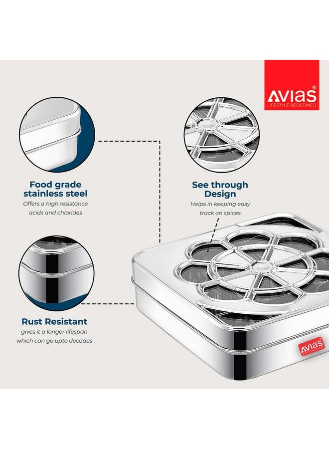 AVIAS Flora 9 Square Stainless Steel Spice Box/Organiser with 9 compartments/Masala Dani/See-Through Lid/Masala Box for Kitchen Steel/Break-Resistant Acrylic Sheet/Steel Masala Dabba/Medium,Silver - Image 2