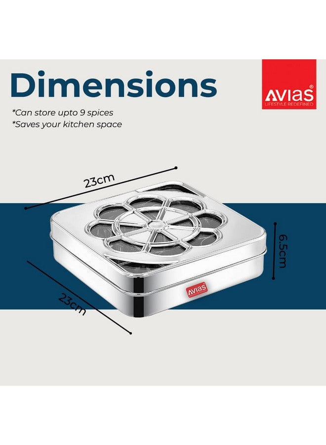 AVIAS Flora 9 Square Stainless Steel Spice Box/Organiser with 9 compartments/Masala Dani/See-Through Lid/Masala Box for Kitchen Steel/Break-Resistant Acrylic Sheet/Steel Masala Dabba/Medium,Silver - Image 4