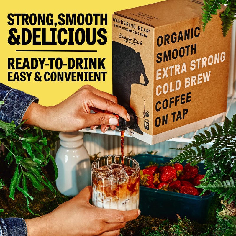 Wandering Bear Straight Black Organic Cold Brew Coffee On Tap, Iced Coffee Drink - Extra Strong, Bold, Smooth, No Sugar Added, Shelf-Stable, Ready to Drink, 100% Organic - 128 fl oz (1 gallon) - Image 4