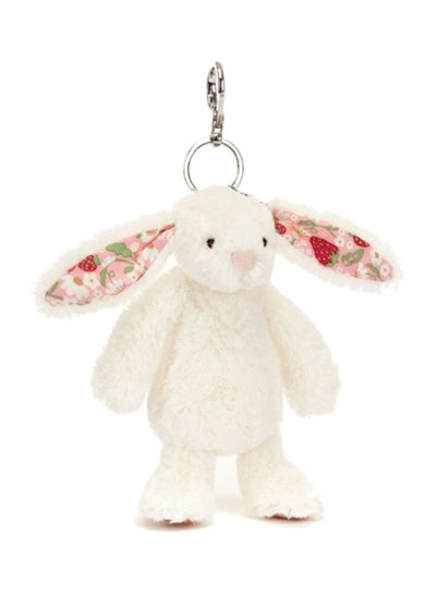 Jellycat Blossom Cream Bunny Berry Bag Charm 13cm, Soft Plush Bunny Keyring with Strawberry Floral Ears