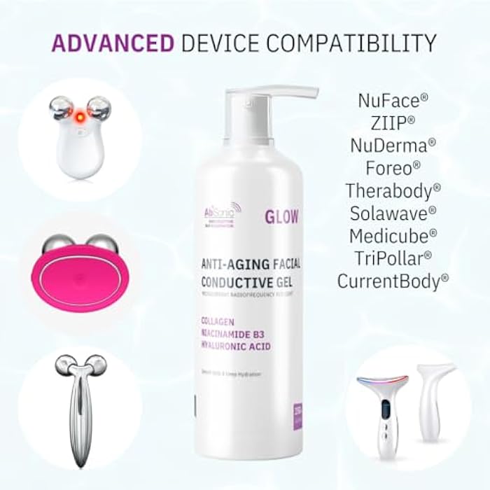 Absonic Glow Anti-Aging Microcurrent Conductive Gel - Serum Enriched with Hyaluronic Acid, Collagen, Niacinamide B3 for Facial, LED, RF & Nuface Devices - 8.5oz Bottle - Made in USA - Image 5