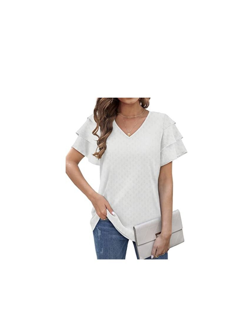 Loquat New Women's V-neck Multi-layer Lotus Sleeve Loose Casual Short Sleeve T-Shirt  - Image 1
