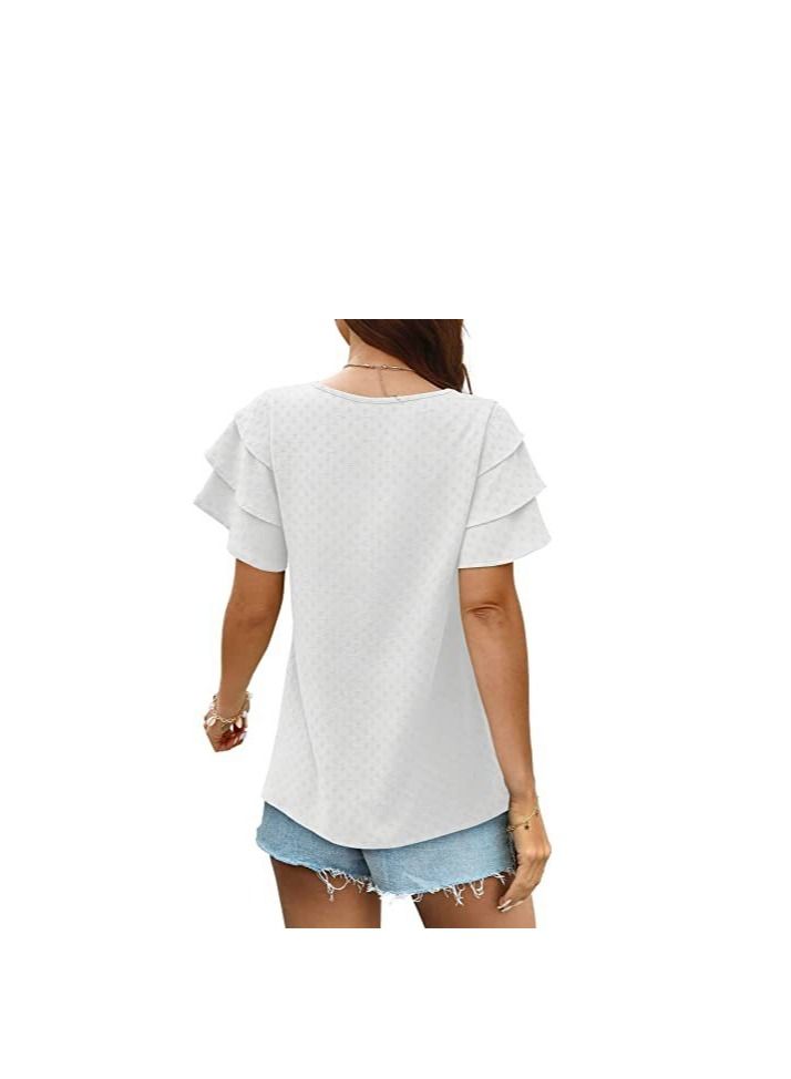Loquat New Women's V-neck Multi-layer Lotus Sleeve Loose Casual Short Sleeve T-Shirt  - Image 2