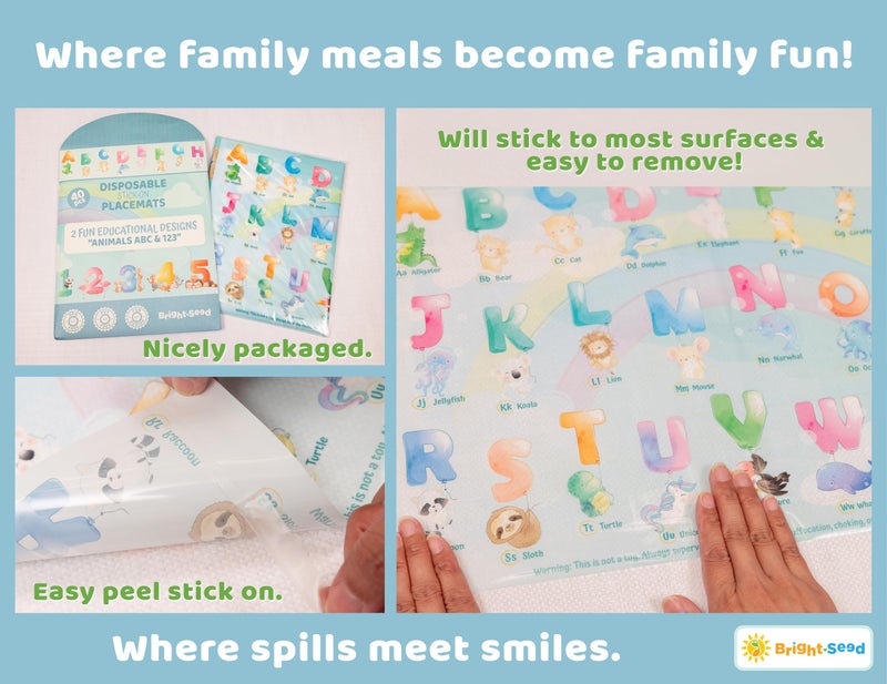 Bright Seed Disposable Placemats for Baby, Toddlers and Kids, 40 Disposable Baby Placemats for Restaurant, Dining Table & Travel, Learning Placemats for Kids, Toddler Travel, Animals ABC & Numbers - Image 5