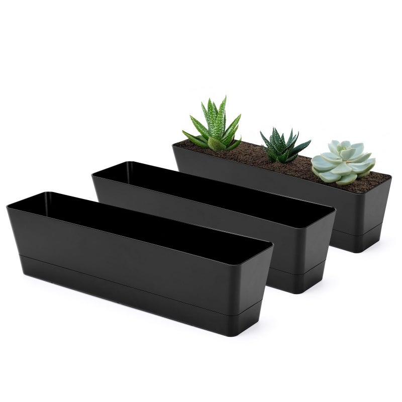 GREANER صناديق زراعة نوافذ 3 قطع 16x38 بوصة باللون الأسود مع فتحات تصريف وصواني للنباتات العشبية والصبار والزهور في حديقة الشرفة الداخلية والخارجية.