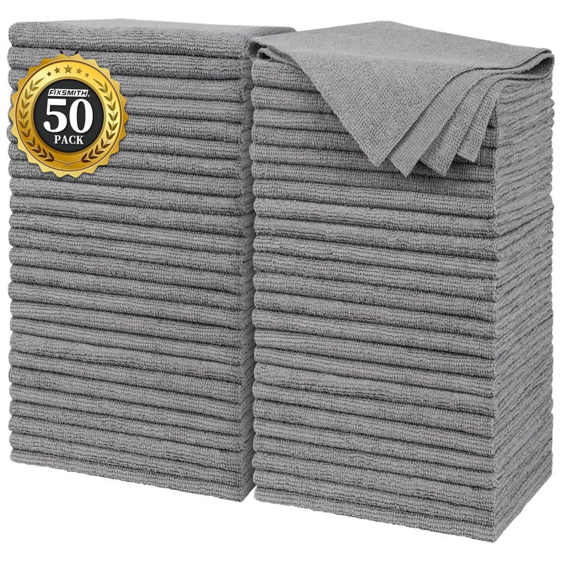 FIXSMITH Grey Microfiber Cleaning Cloth, Pack of 50, 16"X12" Cleaning Rags for Housekeeping and Kitchen, Reusable Shop Towels, Microfiber Towels for Cars, Lint Free, Scratch-Free, Highly Absorbent - Image 1
