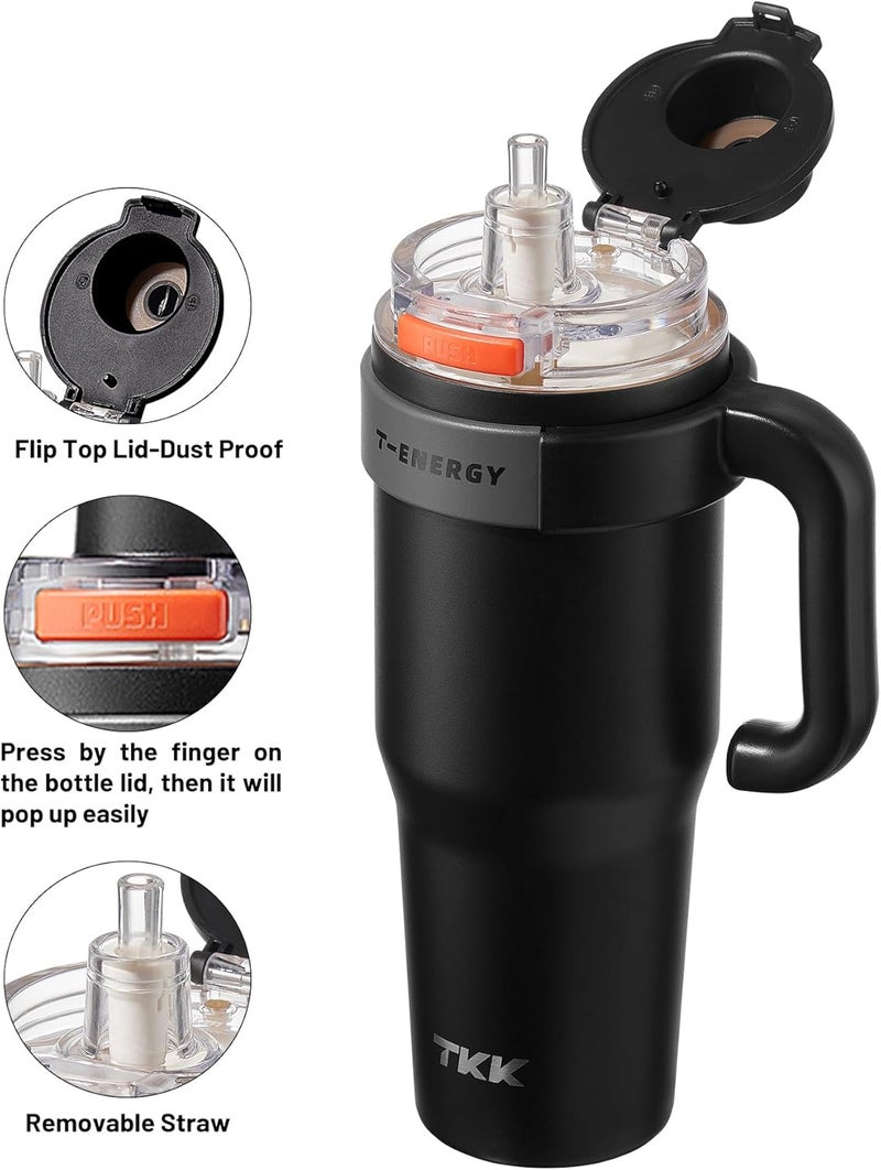 TKK 40 oz Insulated Tumblers with Handle and Straw, Stainless Steel Travel Mug with Ceramic Coating, Leak Proof Double Walled Iced Coffee Cup with Strainer for Hot & Cold Drinks, Black - Image 2