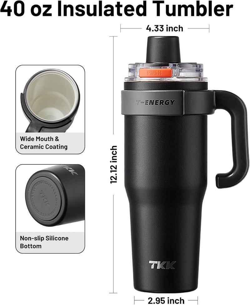 TKK 40 oz Insulated Tumblers with Handle and Straw, Stainless Steel Travel Mug with Ceramic Coating, Leak Proof Double Walled Iced Coffee Cup with Strainer for Hot & Cold Drinks, Black - Image 5