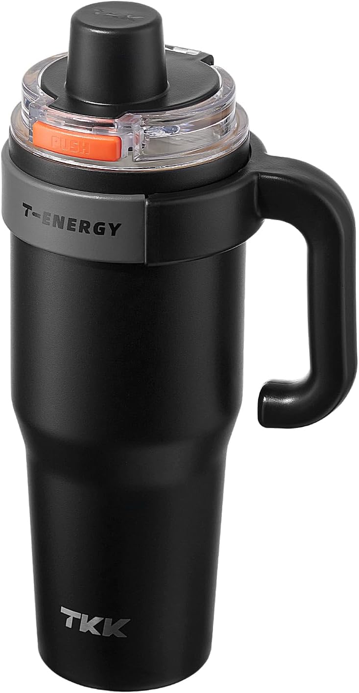 TKK 40 oz Insulated Tumblers with Handle and Straw, Stainless Steel Travel Mug with Ceramic Coating, Leak Proof Double Walled Iced Coffee Cup with Strainer for Hot & Cold Drinks, Black - Image 1
