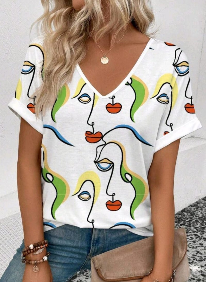 Shein SHEIN LUNE Women Abstract Face Graphic V-Neck Short Sleeve Casual T-Shirt BLOUSE  - Image 1