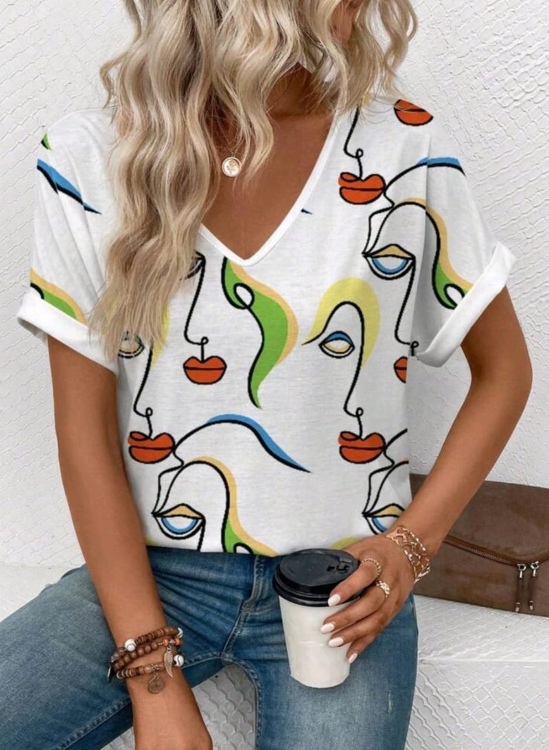 Shein SHEIN LUNE Women Abstract Face Graphic V-Neck Short Sleeve Casual T-Shirt BLOUSE  - Image 2
