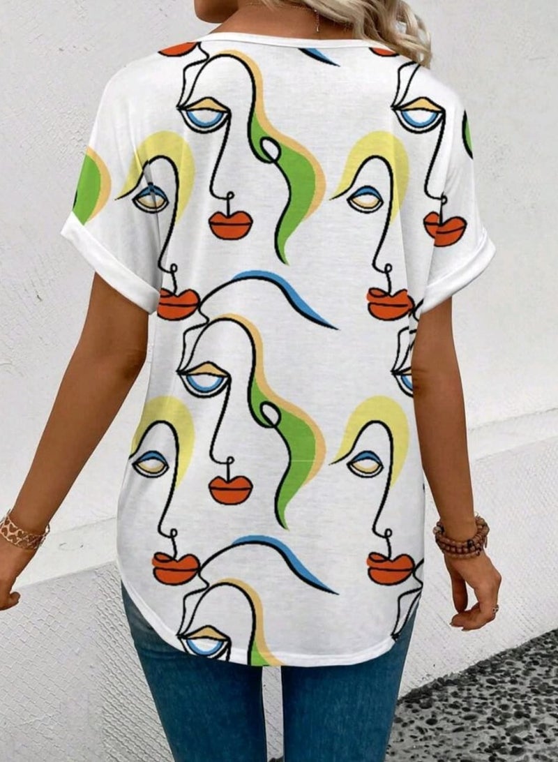 Shein SHEIN LUNE Women Abstract Face Graphic V-Neck Short Sleeve Casual T-Shirt BLOUSE  - Image 3