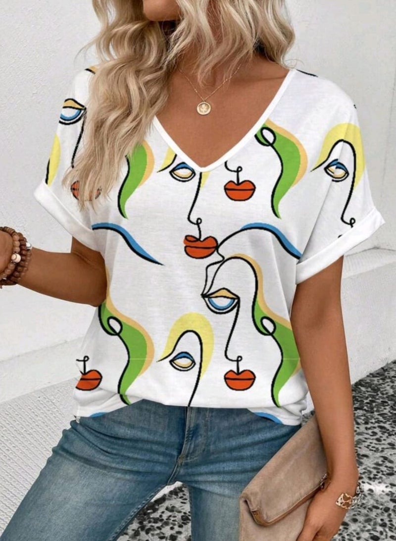 Shein SHEIN LUNE Women Abstract Face Graphic V-Neck Short Sleeve Casual T-Shirt BLOUSE  - Image 4