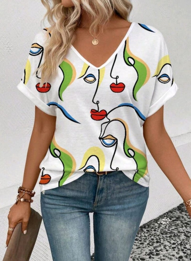 Shein SHEIN LUNE Women Abstract Face Graphic V-Neck Short Sleeve Casual T-Shirt BLOUSE  - Image 5