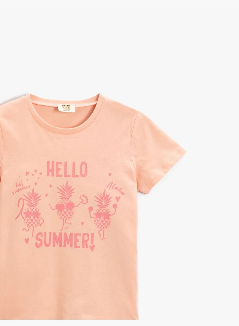 KOTON Pineapple Printed Short Sleeve T-Shirt Cotton Crew Neck