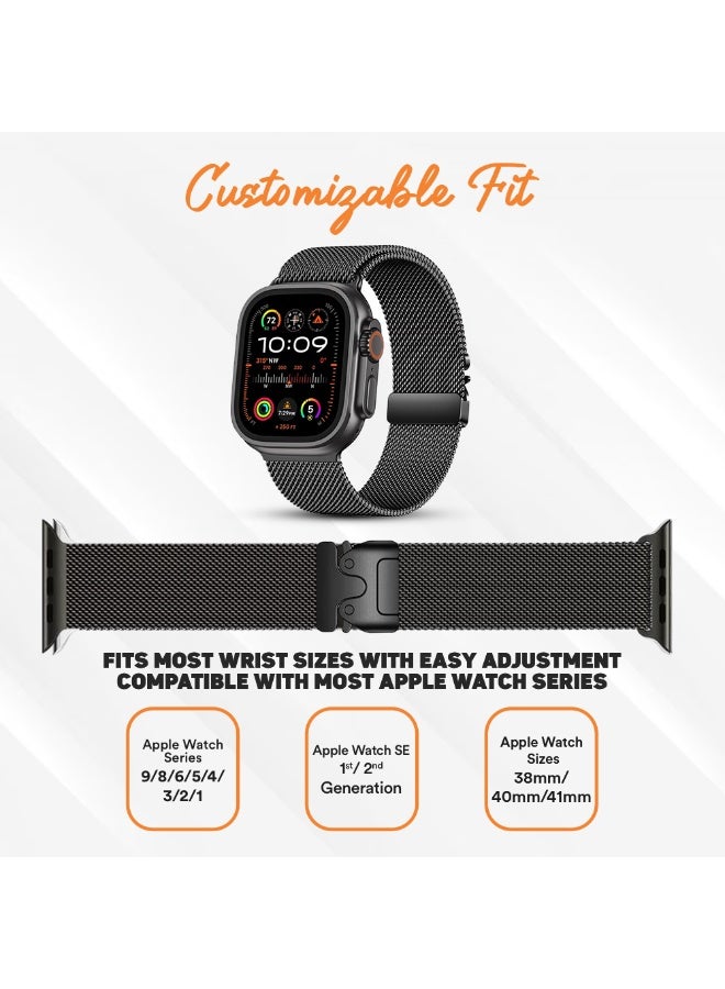FITIT Milanese Loop Band Compatible with Apple Watch Series 1–9, SE, Ultra – Stainless Steel Strap with Parachute Lock & Secure Closure, 38/40/41mm – Black– fitit - Image 4