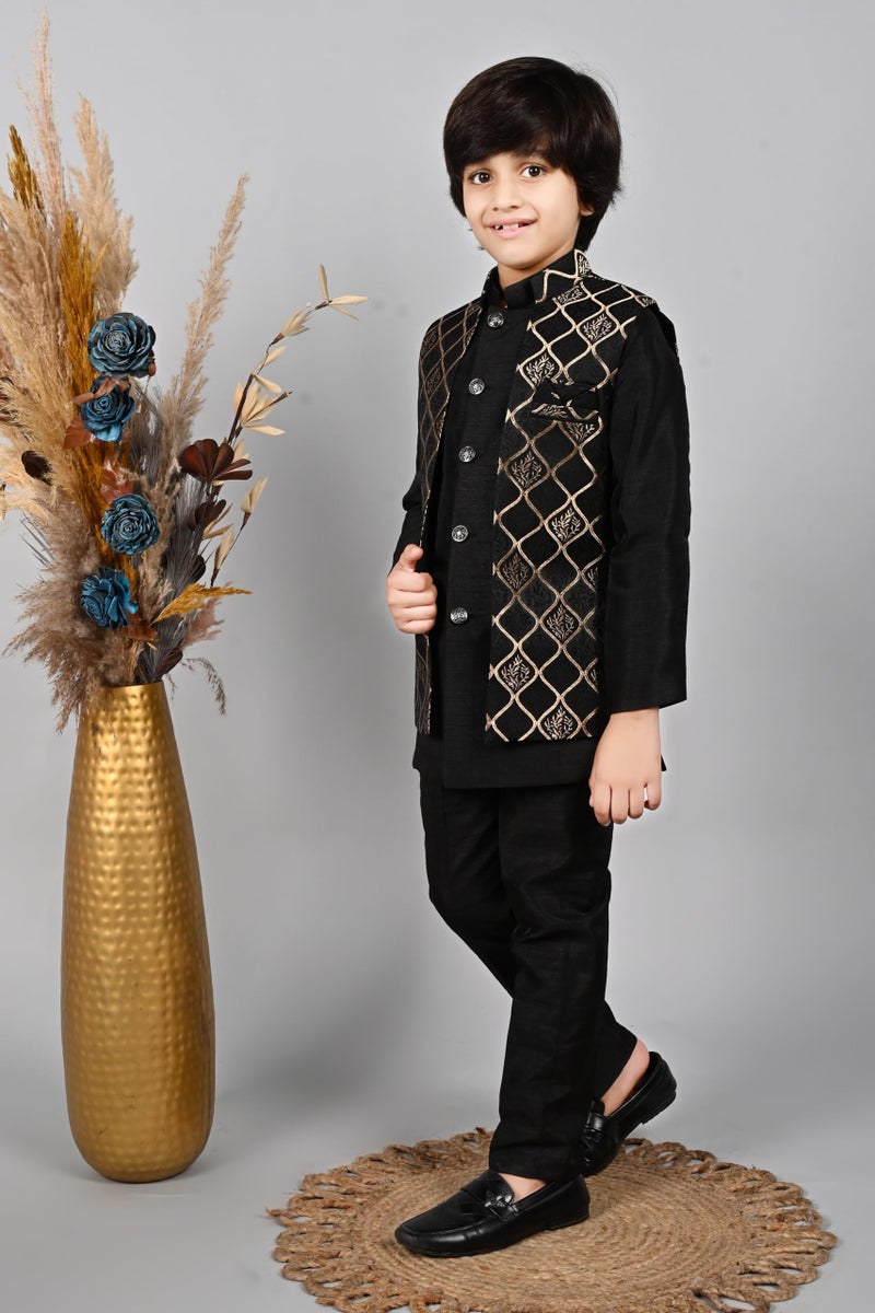 AHHAAAA Kids Ethnic Silk Blend Waistcoat Kurta Pyjama 3 Piece Sherwani Set for Boys |Black 9-10 Years| - Image 4