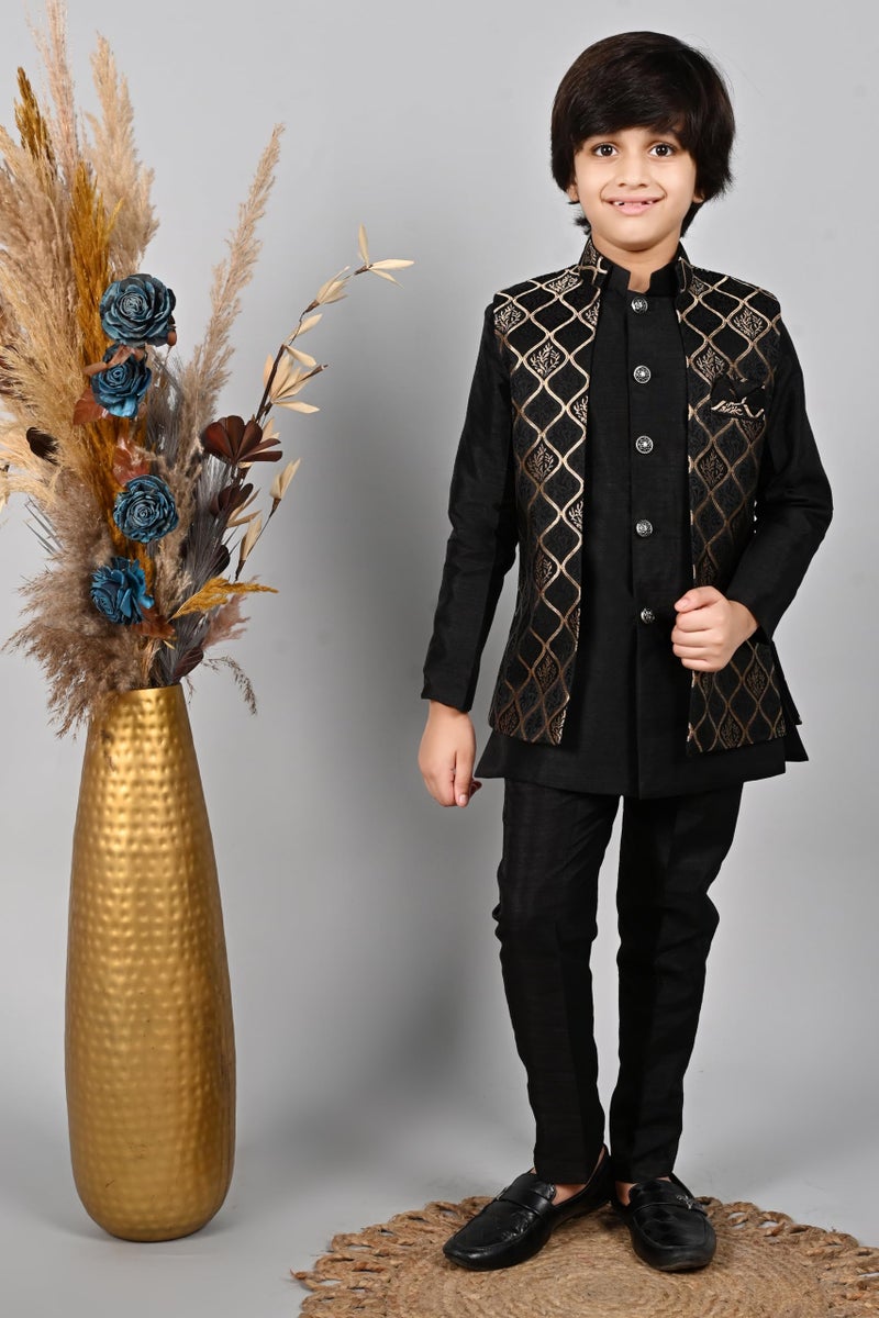 AHHAAAA Kids Ethnic Silk Blend Waistcoat Kurta Pyjama 3 Piece Sherwani Set for Boys |Black 9-10 Years| - Image 2