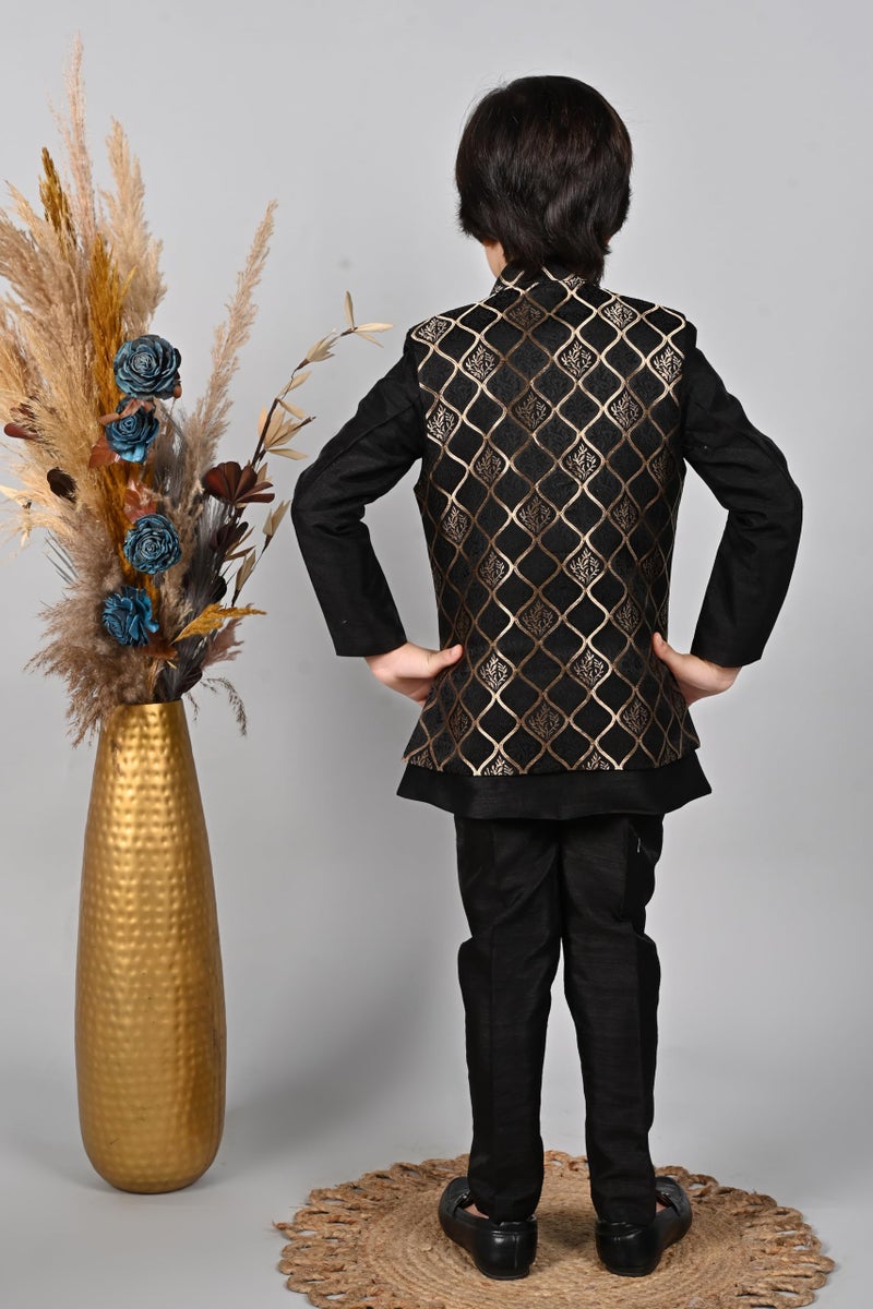 AHHAAAA Kids Ethnic Silk Blend Waistcoat Kurta Pyjama 3 Piece Sherwani Set for Boys |Black 9-10 Years| - Image 3