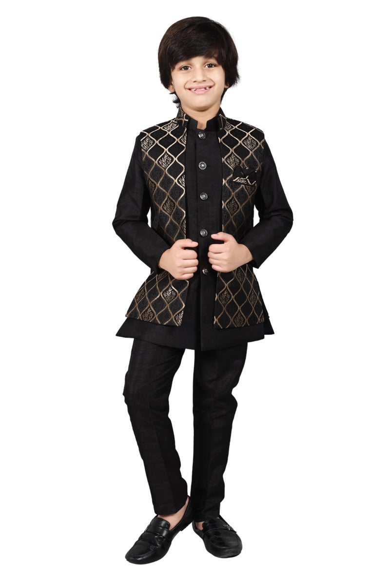 AHHAAAA Kids Ethnic Silk Blend Waistcoat Kurta Pyjama 3 Piece Sherwani Set for Boys |Black 9-10 Years| - Image 1