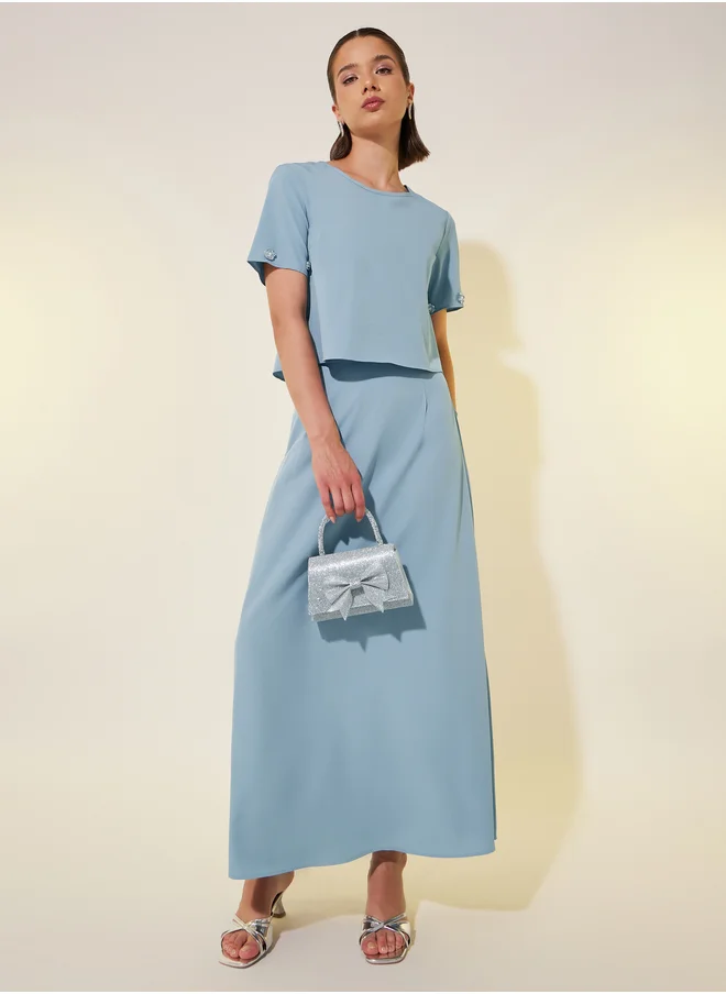 Styli Embellished Round Neck Top and Skirt Co-Ords