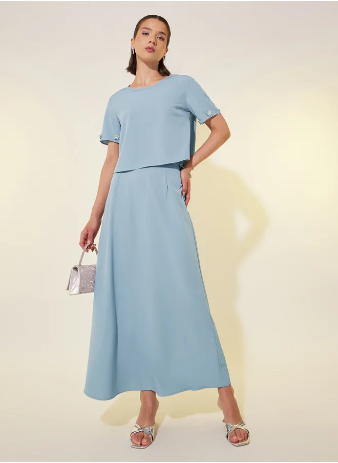 Styli Embellished Round Neck Top and Skirt Co-Ords