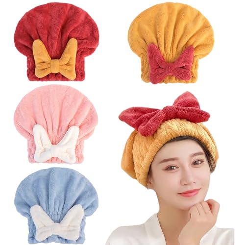 YUMINGUHC 4Pcs Microfiber Hair Drying CapUltra Absorbent Hair Towel Wrap Turban for Girls Women Soft Quick Dry Hair Towels with Bow Tie Shower Cap for Kids Mixed Colors - Image 1